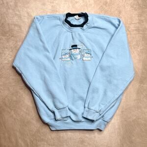 Vintage 90s Holiday Snowman Embroidered Crewneck Sweater Christmas Grandma Blue